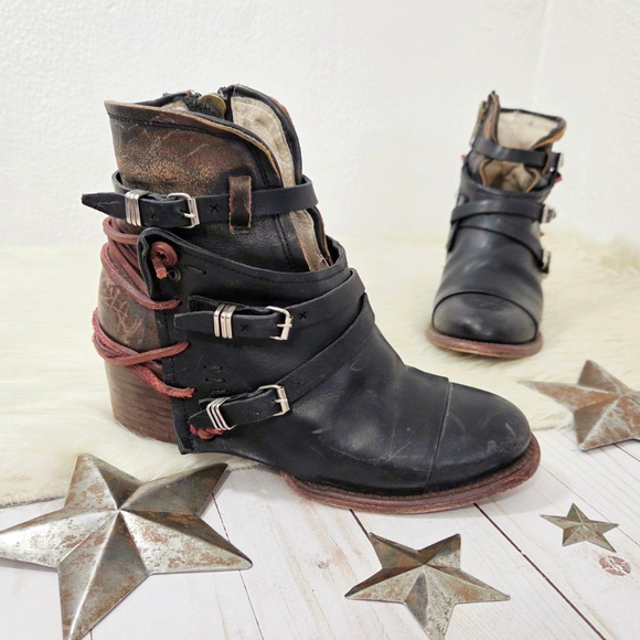 Freebird Crue Ankle boots black multi brown red strappy leather booties womens 8 - Picture 2 of 11